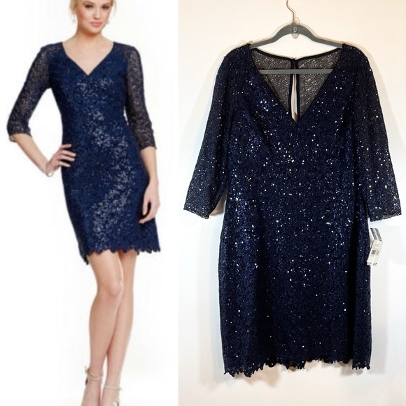NWT Kay Unger New York Sequined Mesh Sheath Dress Navy Plus Size 16 - Picture 1 of 15